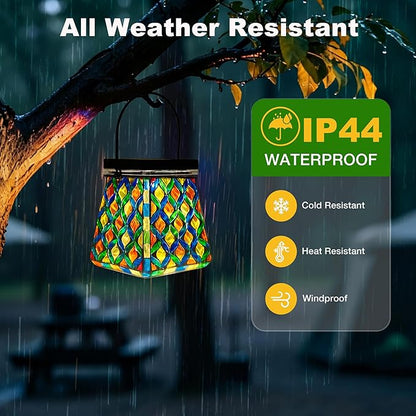 VOREEN Mosaic Solar Lantern, Colorful Mosaic Glass Decorative Lantern for Outdoor Garden & Patio, Tabletop or Hanging Solar Powered Light, Multicolor Geometric Lattice Design