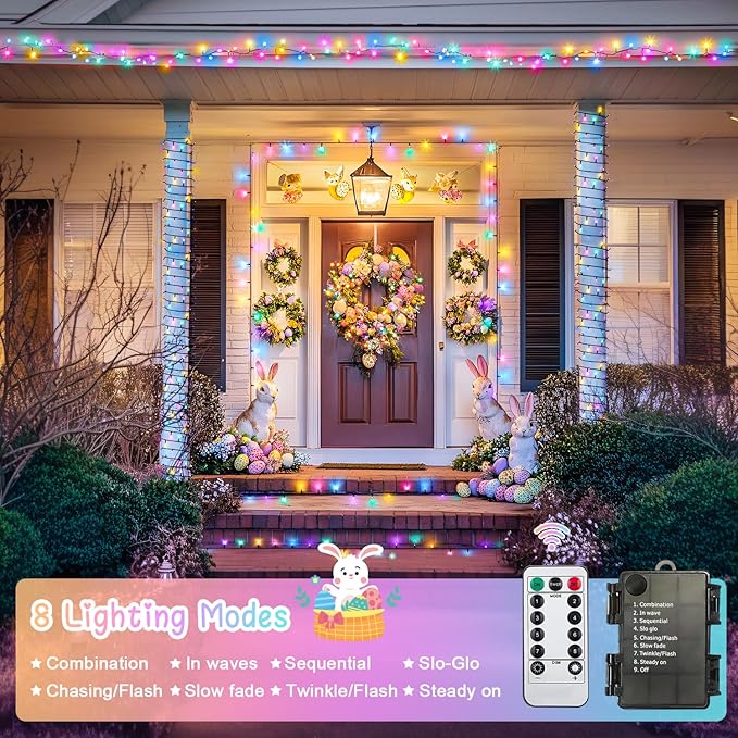 JMEXSUSS 2 Pack Easter Lights Battery Operated，Each 33 FT 100 LED Easter Lights String Outdoor Indoor, Colored Christmas Light Waterproof for Outside Decor Party House(Multicolor)
