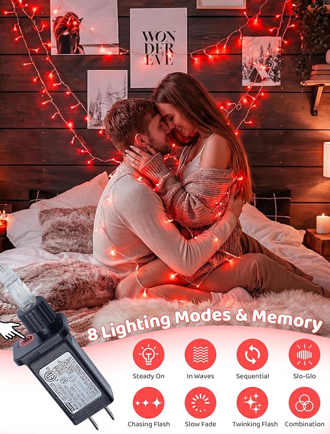 Hopolon Valentines Day Decorations String Lights, 33 FT 100 Led Red Christmas Lights Outdoor Waterproof,8 Modes Clear Wire Twinkle Fairy Light Plug in for Indoor Bedroom Party Wedding,100 LED,Red