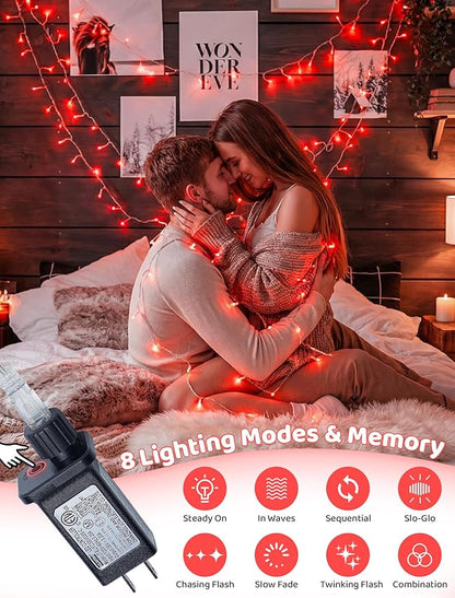 Hopolon Valentines Day Decorations String Lights, 33 FT 100 Led Red Christmas Lights Outdoor Waterproof,8 Modes Clear Wire Twinkle Fairy Light Plug in for Indoor Bedroom Party Wedding,100 LED,Red