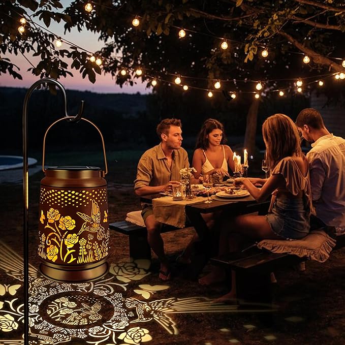 KY&BOSAM Solar Lanterns Outdoor Waterproof Rose Hummingbird Lantern Garden Decor Birthday Gifts for Women Mom Grandma Hanging Solar Lights LED Metal Openwork Decorative for Patio Yard Lawn Backyard
