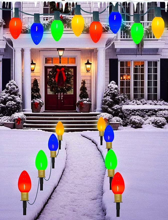 Jumbo C9 Christmas Pathway Lights Outdoor, 14Ft Outdoor Xmas Decorations Stakes Lights with 8 LED Jumbo Multicolor Bulb Christmas Walkway Lights for Outside Lawn Yard Garden Sidewalk Holiday