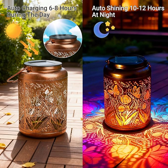 Solar Lanterns Outdoor Waterproof Butterfly Garden Decor, Birthday Gifts for Women Mom Grandma Seniors, Metal Hanging Lanterns Decorative Colorful LED Lights for Lawn, Yard, Patio, Backyard, Porch