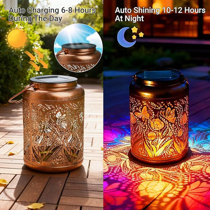 Solar Lanterns Outdoor Waterproof Butterfly Garden Decor, Birthday Gifts for Women Mom Grandma Seniors, Metal Hanging Lanterns Decorative Colorful LED Lights for Lawn, Yard, Patio, Backyard, Porch