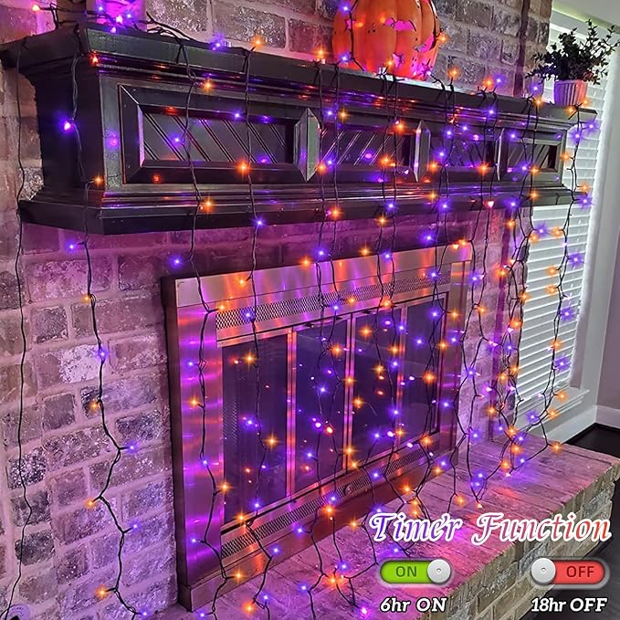 YEGUO Halloween Lights Battery Operated, 2 Pack Each 33ft 100 LED Orange and Purple String Lights Outdoor Waterproof, Green Wire Fairy Christmas Light Indoor with Remote