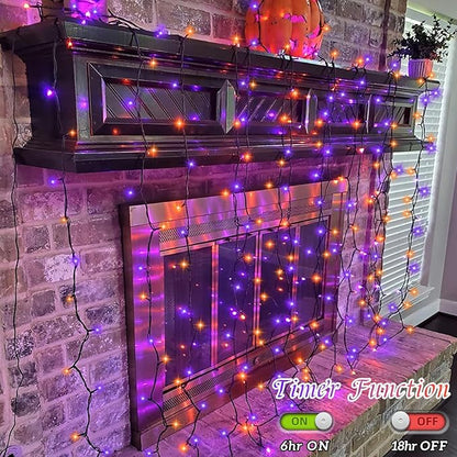 YEGUO Halloween Lights Battery Operated, 2 Pack Each 33ft 100 LED Orange and Purple String Lights Outdoor Waterproof, Green Wire Fairy Christmas Light Indoor with Remote