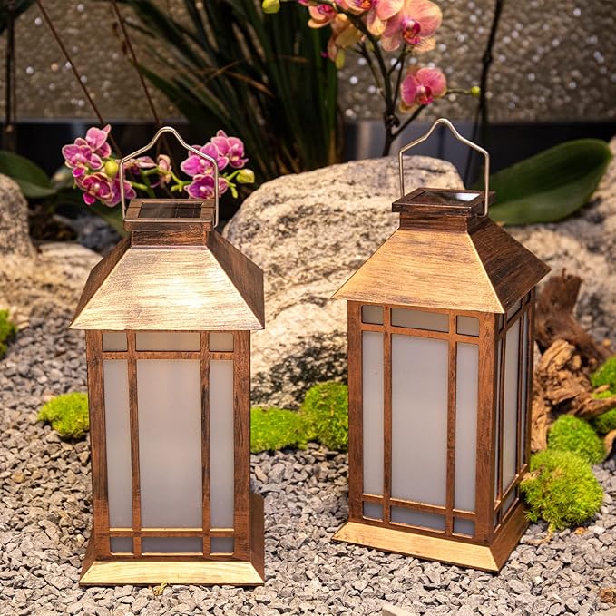 2-Pack Metal Hanging Solar Lanterns for Patio, Waterproof LED