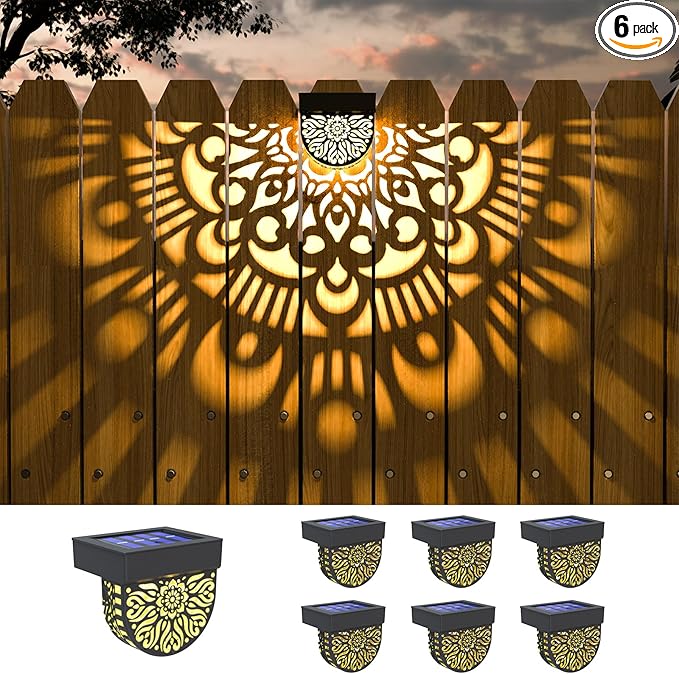 6 Pack Solar Fence Lights Outdoor Wall Lights Black Plastic Solar Powered Deck Step Stair Lights Mandala Theme Waterproof Fence Solar Light for Garden Post Patio Backyard Yard Decor