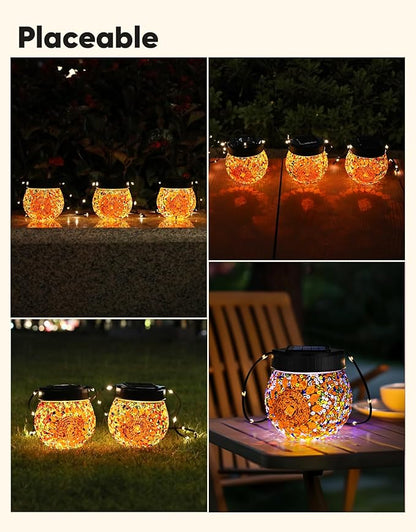 Mosaic Solar Lights Outdoor 2 Pack, Solar Hanging Lanterns Christmas Halloween Gifts for Women Mom Grandma, Waterproof Glass Globe Lights, Garden Patio Decor for Yard, Tree, Balcony, Warm