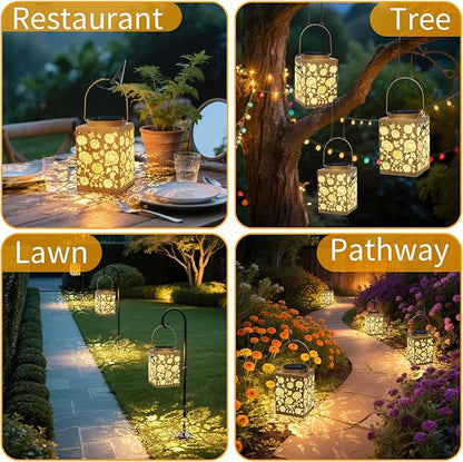 2 Pack Solar Lanterns - Waterproof Metal Hanging Solar Lights Outdoor Decorative, Solar Powered LED Lamp for Patio Tabletop Porch Deck Yard Garden Decor for Outside (Sunflower)