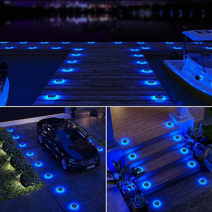 YiLaie Blue Solar Dock Lights Outdoor Waterproof, Driveway Warning Post Deck Lights Solar Powered for Drive Way Boat (4 Pack)