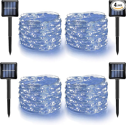 Dazzle Bright 4 Pack Solar String Lights Outdoor, Total 160FT 480LED Solar Powered Waterproof Fairy Lights 8 Modes, Silver Wire Lights for Christmas Patio Party Tree Yard Decoration (White)
