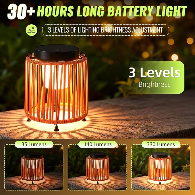 Solar Lanterns Outdoor Waterproof IP54, Handwoven Wicker Outdoor Table Lamps Portable Rechargeable with 30H+ Runtime, Dual USB-C/Solar Charging, 3 Brightness Levels, Orange