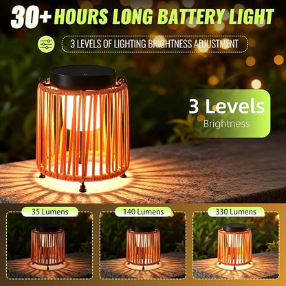 Solar Lanterns Outdoor Waterproof IP54, Handwoven Wicker Outdoor Table Lamps Portable Rechargeable with 30H+ Runtime, Dual USB-C/Solar Charging, 3 Brightness Levels, Orange
