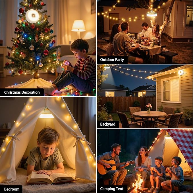 Camping String Lights, 4 in 1 Portable Camping Light Rechargeable, 8 Lighting Modes, USB Charging, Quick Storage, 32.8FT Waterproof Tent Lights String for Camping, Hiking, Yard, Christmas, Black