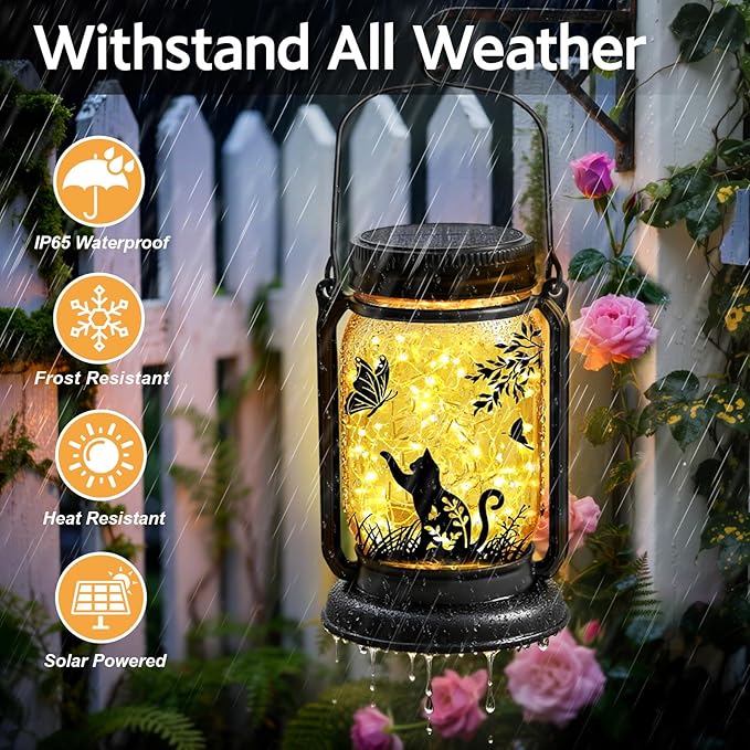 2 Pack Cat Solar Lanterns, Outdoor Hanging Solar Lantern with Stake, Birthday Gifts for Mom, Grandma,Women,Black Cat Butterfly Vintage Glass Mason Jar Waterproof Lights for Yard Garden Decor