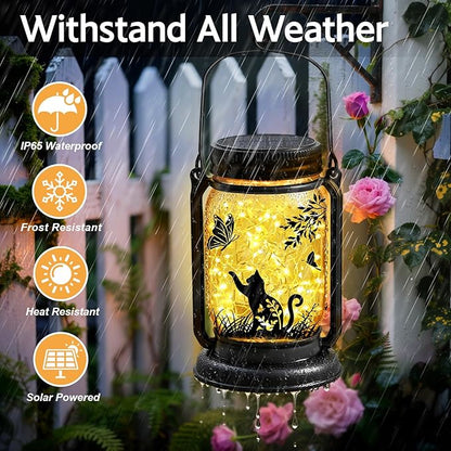 Cat Solar Lanterns, Outdoor Hanging Solar Lantern with Stake, Birthday Gifts for Mom, Grandma, Women Cat Lovers, Black Cat Butterfly Mason Jar Waterproof Lights for Yard Lawn Garden Decor