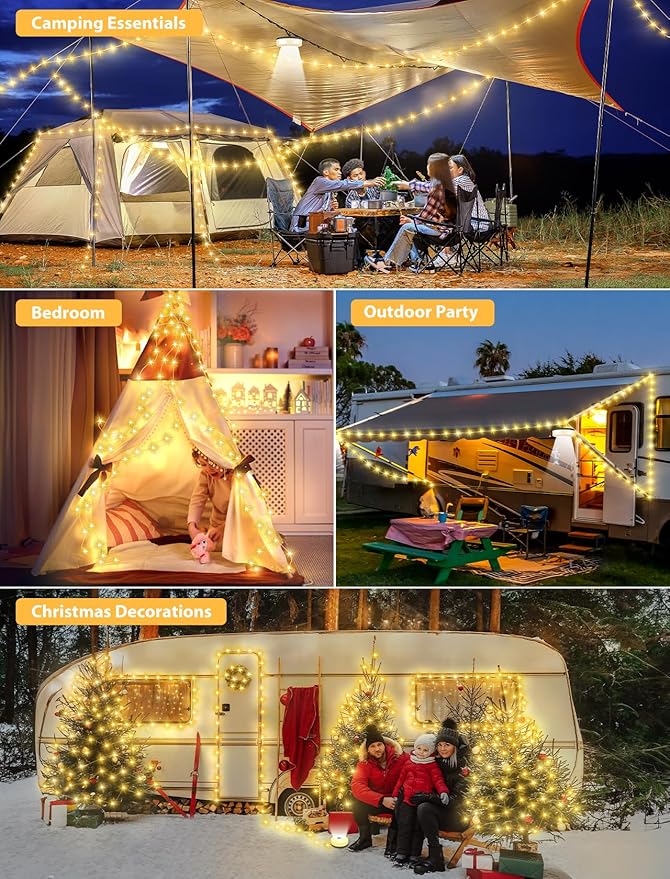 Camping String Lights, 4 in 1 Quick Storage Camping Essentials Gear 32.8FT Rechargeable Tent Lights with 6 Modes Hanging Waterproof LED Camp Lamp for Camping Hiking Patio Garden Festival-Warm White