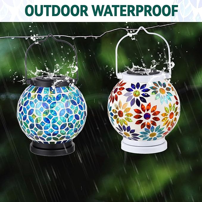 2-Pack Elegant Mosaic Solar Lanterns for Outdoor, Waterproof LED