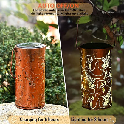 2 Pack Solar Lanterns Outdoor Hanging Hummingbird Decor Lantern,Waterproof Hollow Out Metal Decorative Garden Light,Graceful Decoration for Patio,Yard,Landscape,Festival