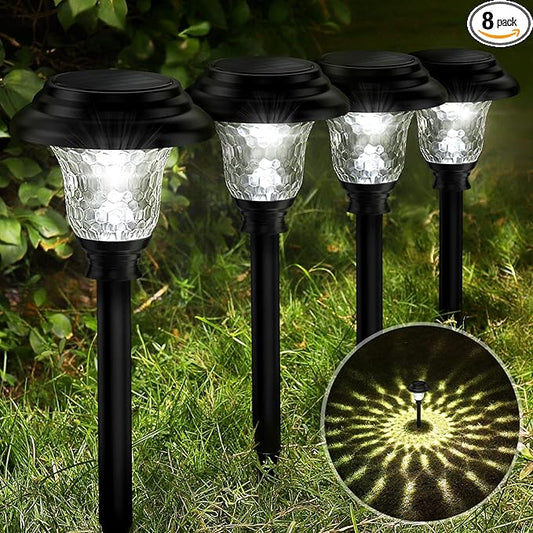 Glass Solar Lights Outdoor waterproof, 8 Pack Super Bright Solar Pathway Lights, Up to 12 Hrs Long Last Auto On/Off Garden Lights Solar Powered, Stainless Steel LED Light For Yard Landscape Cool White