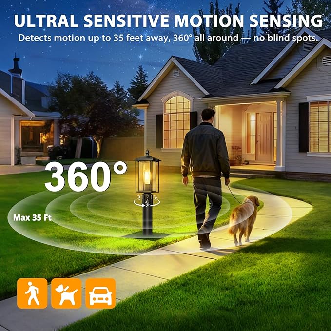 17" Motion Sensor Outdoor Post Lights, Dusk to Dawn Lamp Post Light Fixture with Tempered Glass, Waterproof Aluminum Pole Lights, Outside Lamp Posts Outdoor Lighting for Garden Yard Pathway (2-Pack)