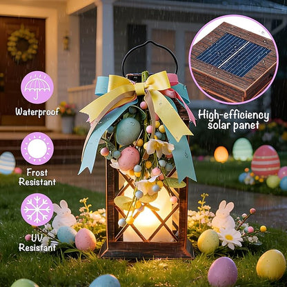 Easter Solar Lanterns Outdoor, Waterproof Garden Hanging Lanterns, 13" Outdoor Decorative Lantern with LED Flickering Flameless Candles, Easter Lantern for Porch, Yard,Patio Decor