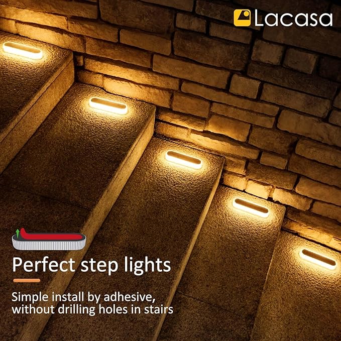 Lacasa Solar Deck Lights, 4 Pack 40LM Solar Powered Step Lights, LED Dock Light Warm White 2700K Outdoor In-Ground Lights IP68 Waterproof Auto ON/Off for Garden Stairs Driveway Pathway Lighting