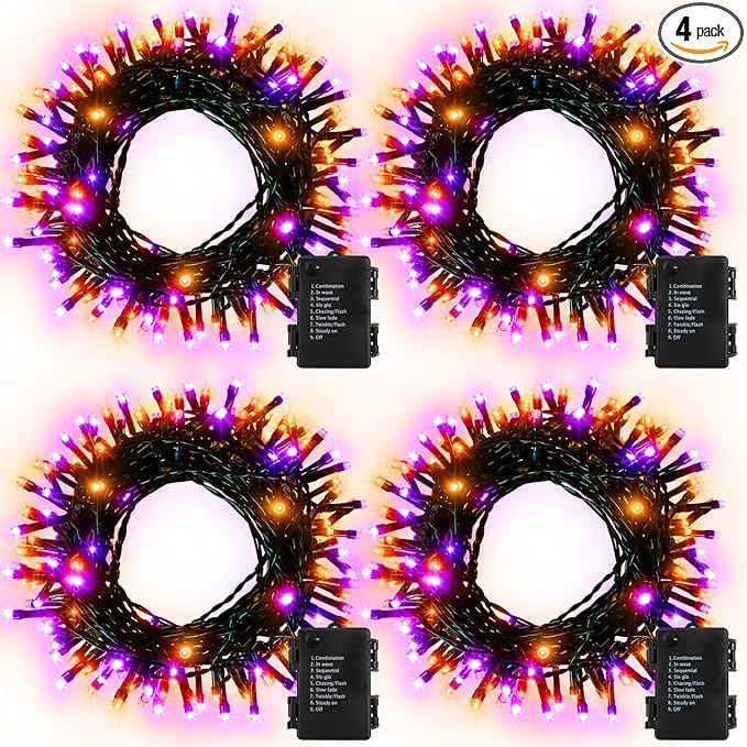 4 Pack Orange Purple Halloween String Lights Battery Operated, Each 16.4Ft 50 LED Indoor Halloween Lights with Timer 8 Modes for Party Yard Patio Decoration