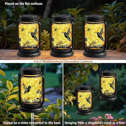 2 Pack Hummingbird Solar Lanterns Outdoor Waterproof -Gifts for Women Mom Grandma Birthday, Mothers Day, Mason Jar Hanging Lights for Patio, Yard, Porch, Balcony, Durable Garden Decor