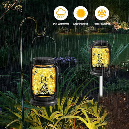 2 Pack Outdoor Hanging Solar Lanterns, Birthday Mothers Day Gifts for Women Mom Grandma,Fairy Butterfly Vintage Glass Mason Jar, Waterproof Garden Lights for Patio Yard Lawn Tree Party Decor