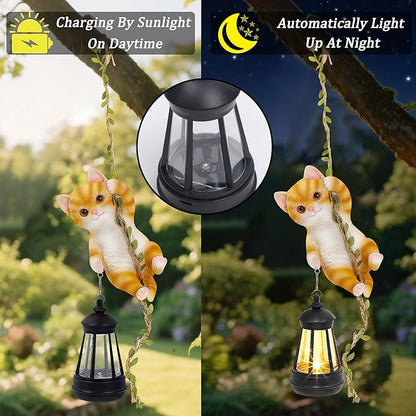 Solar Hanging Cat Statue, Outdoor Resin Orange Cat Figurine with LED Lights, Ginger Kitty Animal Ornament for Garden, Fence, Porch, Patio, Yard Decor, Dusk to Dawn Auto On/Off