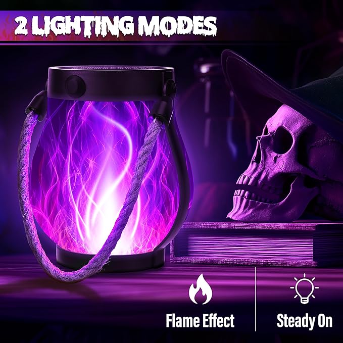 Solar Flame Lantern Hanging Outdoor Waterproof Purple - 2 Pack Flame Lanterns with Dual Charging Modes of Solar & USB for Garden or Yard Decorations (Purple - 2 Pack)