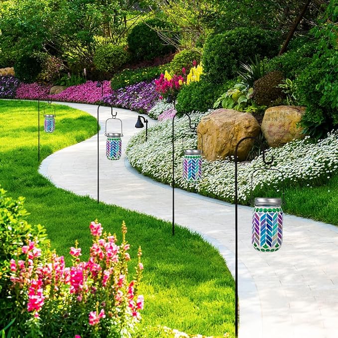 Stargarden 4 Pack Mosaic Solar Lantern ,Waterproof Outdoor Hanging Jar Lights, Mosaic Lights Solar Garden Decor for Patio Pathway Yard