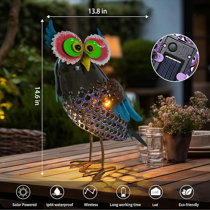 MUMTOP Solar Lanterns Outdoor Waterproof - Colorful Metal Owl Solar Lights Decorative, Hollow Out Owl Light Tabletop Lantern Lamp Ornaments for Yard Patio Garden Outside Decorations