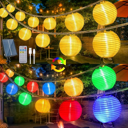 Solar Lantern String Lights Waterproof Outdoor, 40ft 40Led Warm White & Multi-Color Garden Lights Hanging Hemp Rope Nylon Lanterns with Remote, Timer for Yard, Balcony, Fences, Porch