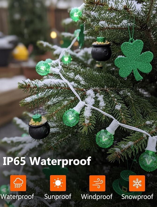 G40 Green St. Patrick’s Day Globe String Lights, 25Ft Outdoor St. Patrick’s Day Decorations Lights with 27 Green Incandescent Bulbs, Hanging Patio Lights Waterproof for Christmas Wedding Party Garden