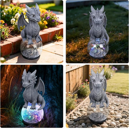 Dragon Garden Statue with Solar Crackle Glass Ball - Gothic Outdoor Decor for Patio & Yard - Mystical Dragon Guardian Figurine, Fantasy Gift for Men & Dragon Lovers