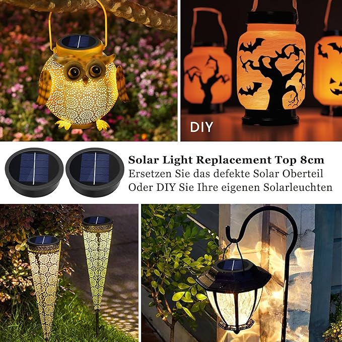 2-Pack Solar Light Replacement Top, Replacement Solar Light Parts for Lantern (Top 3.23 Inch, Bottom 2.9 Inch), Waterproof LED Replacement for Outdoor Garden, Pathway, Yard Lights & Decor