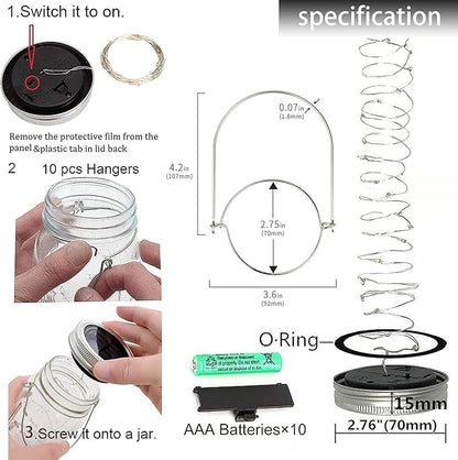 SmilingTown 30 LED 12 Packs Solar Lights Mason Jars Lids String Lights Solar Lantern Hanging Lights for Yard Garden Wedding Christmas Decorations (NO Jars)