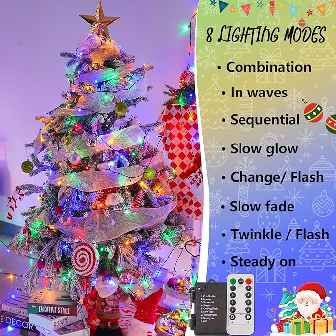 YEGUO Christmas Lights Battery Operated, 2 Pack Each 33ft 100 LED Multicolor String Lights Outdoor Waterproof, 8 Modes Green Wire Fairy Light Indoor with Remote
