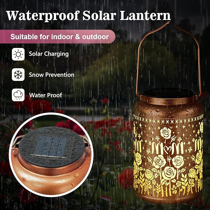 Birthday Gifts for Women Mom Grandma Solar Lantern Outdoor Waterproof, Gardening Gifts for Women, Mom Christmas Rose Garden Decor Hanging Solar Lights Yard Decorations Outdoor, Backyard, Patio