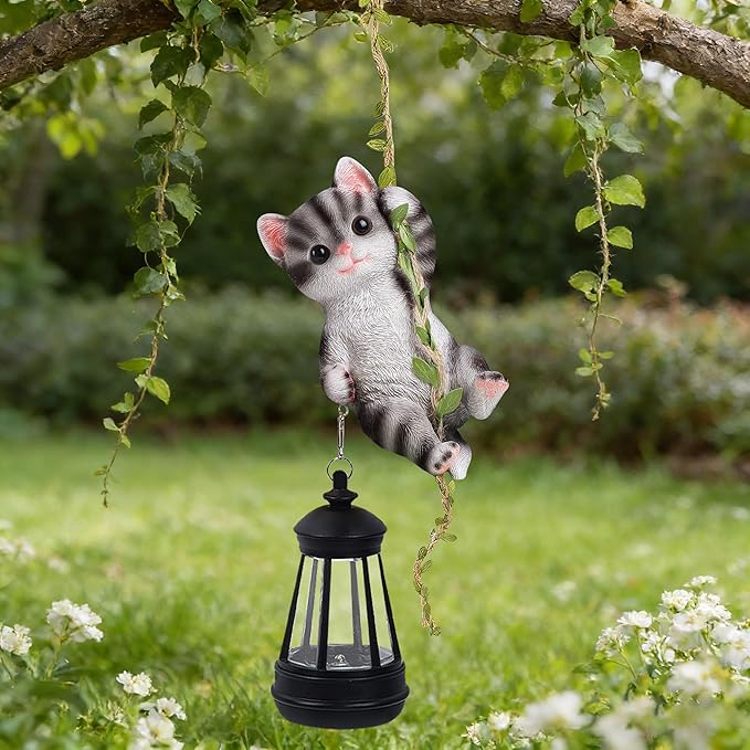 Solar Hanging Cat Statue, Outdoor Resin Black Cat Figurine with LED Lights, Kitty Animal Ornament for Garden, Fence, Porch, Patio, Yard Decor, Dusk to Dawn Auto On/Off