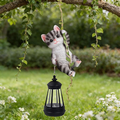 Solar Hanging Cat Statue, Outdoor Resin Black Cat Figurine with LED Lights, Kitty Animal Ornament for Garden, Fence, Porch, Patio, Yard Decor, Dusk to Dawn Auto On/Off