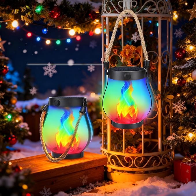 Christmas Solar Flame Lantern Hanging Outdoor Waterproof - Dancing Flame Lanterns with Dual Charging Modes of Solar & USB for Garden or Yard Decorations (Multicolor - 1 Pack)