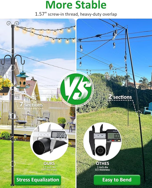 1.5 Inch Heavy Duty String Light Poles with 16.9” Spiral Ground Anchor - for Patio, Deck & Holiday Lighting, 8.5FT Adjustable Outdoor Post, Easy Screw-in Installation, Decorative Scroll Top & Hooks