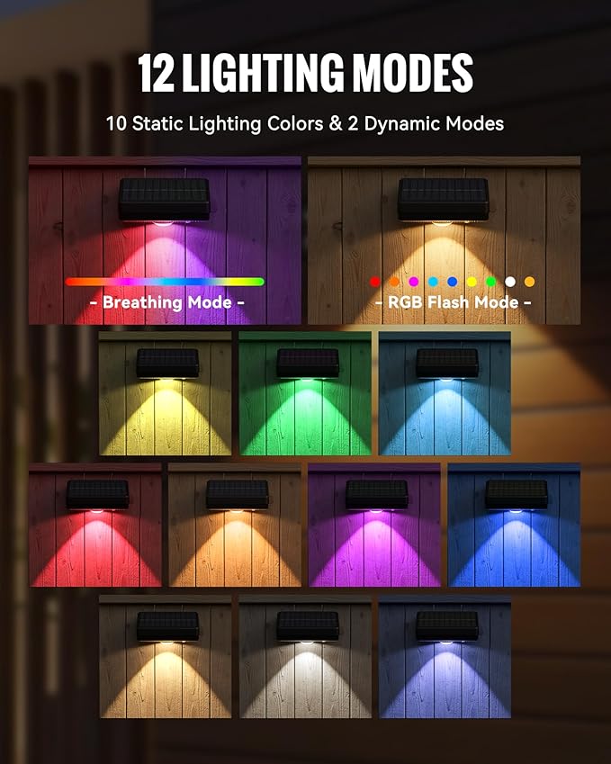 Solar Fence Lights Outdoor, 10 RGB Color & 3 Light Mode Fence Lights Solar Powered for Outside Backyard, Railing, Step, Patio, Fence Post, Home Improvement Garden Decor, 12 Pack