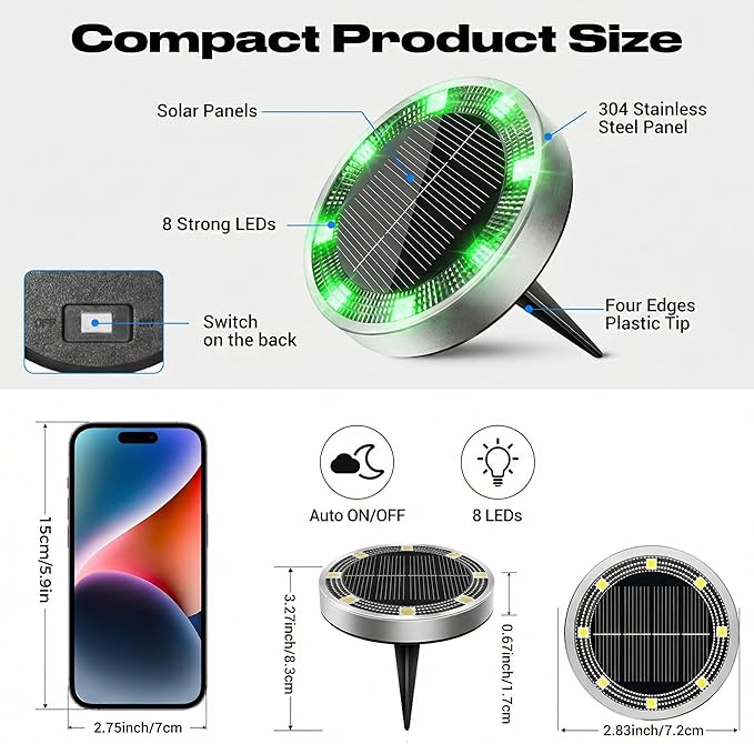Peasur Mini Solar Ground Lights Outdoor, 8 Pack Flat Solar Powered Disc Lights, IP68 Waterproof, Anti-Rust, Landscape Lighting for Pathway Garden Yard Lawn Walkway Landscape Driveway, Green