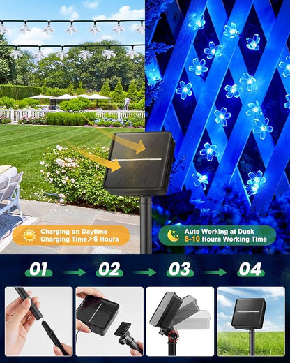 Brightown 2 Pack Total 52FT 120 LED Solar Flower String Lights for Outside Waterproof Fairy Lights for Garden Yard Fence Patio Christmas Tree Wedding Party Decor, Blue