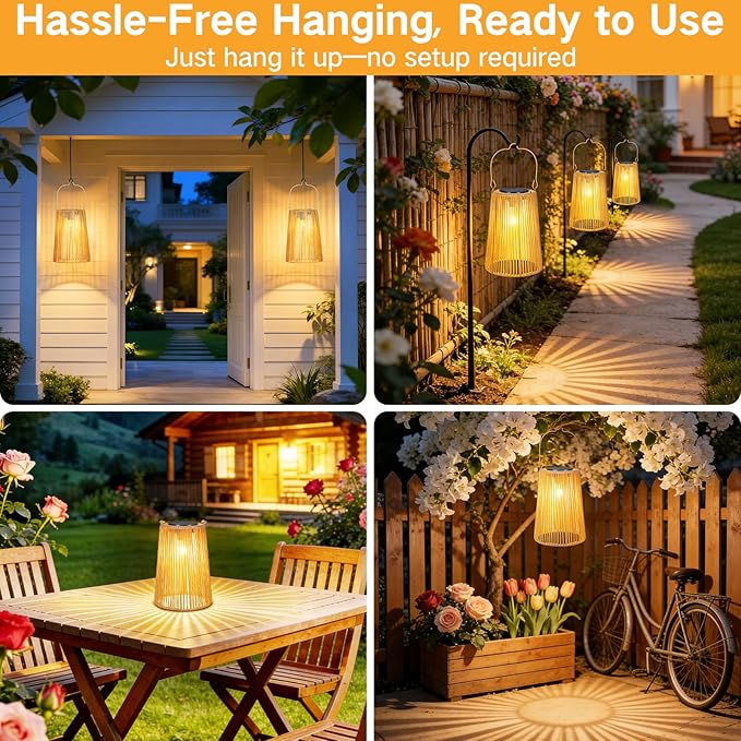 4 Pack Solar Lanterns Outdoor Waterproof, Hanging Rattan Woven Solar Lights with Auto On/Off, Decorative Gifts for Garden, Yard, Patio, Tree, Porch, Lawn, Pathway & Outside Tabletop Decor